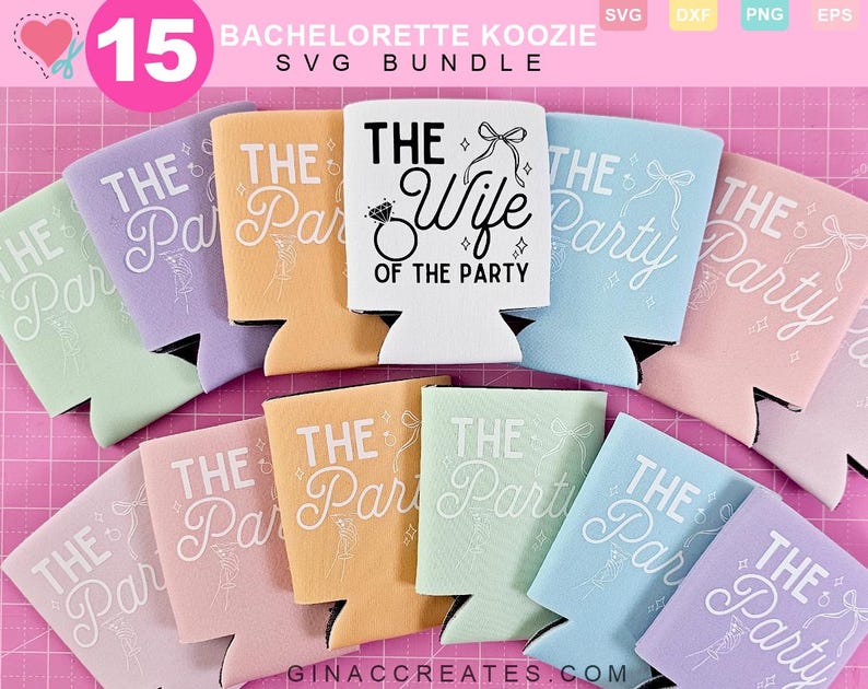 Pu&ograve; includere: Una collezione di koozies colorati con la scritta "THE Party" e "THE Wife of the Party" in corsivo bianco. I koozies sono in vari colori pastello, tra cui verde, viola, pesca, rosa e blu. L'immagine include anche il testo "15 BACHELORETTE KOOZIE SVG BUNDLE".