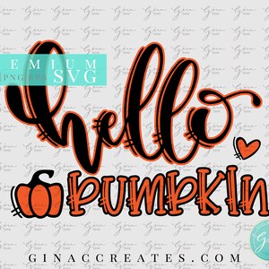 Op de afbeelding: Een zwart en oranje grafisch ontwerp met de tekst "hello pumpkin" en een kleine oranje pompoen met een hart.