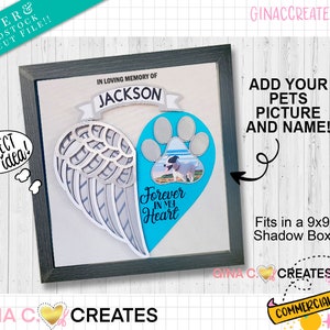May include: A digital cut file design for a pet memorial shadow box. The design features a paw print with a space for a photo, a heart with wings, and the text "Forever in My Heart". The design is in shades of blue, gray, and white. The text "In Loving Memory of Jackson" is at the top of the design. The design is meant to be cut from cardstock and assembled into a 9x9 inch shadow box.