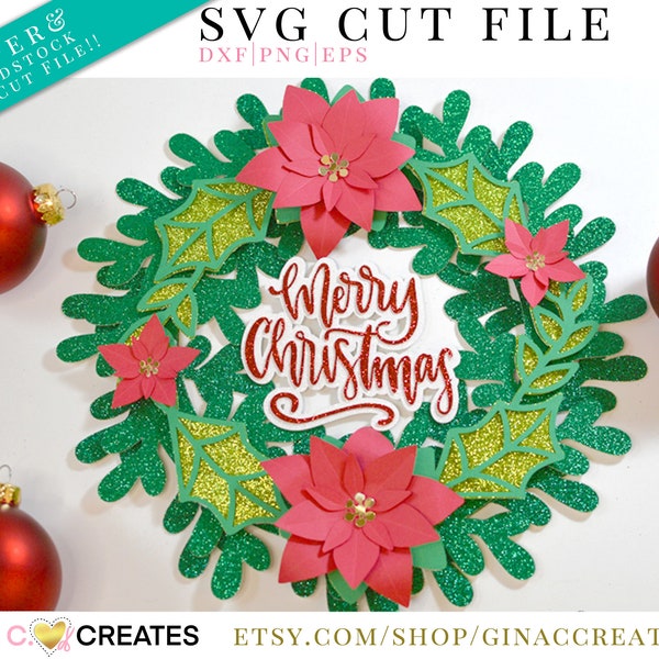 3D Merry Christmas Wreath SVG Cut File, poinsettia flower svg, Christmas svg