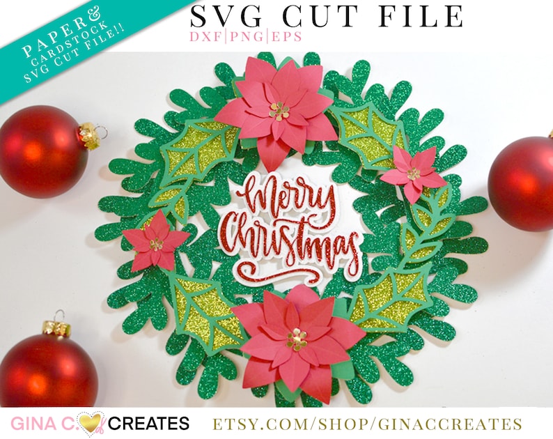 3D Merry Christmas Wreath SVG Cut File poinsettia flower svg image 1