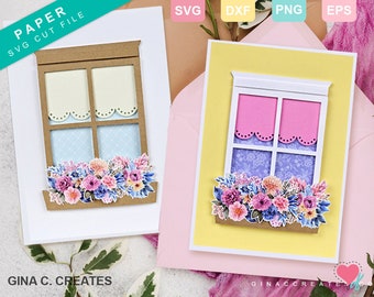 Puede incluir: Un archivo de corte digital para una ventana con una caja de flores. La ventana tiene un marco marrón, moldura blanca y un patrón a cuadros azul y blanco. La caja de flores está llena de flores rosas, moradas y azules. El archivo está disponible en los formatos SVG, DXF, PNG y EPS.