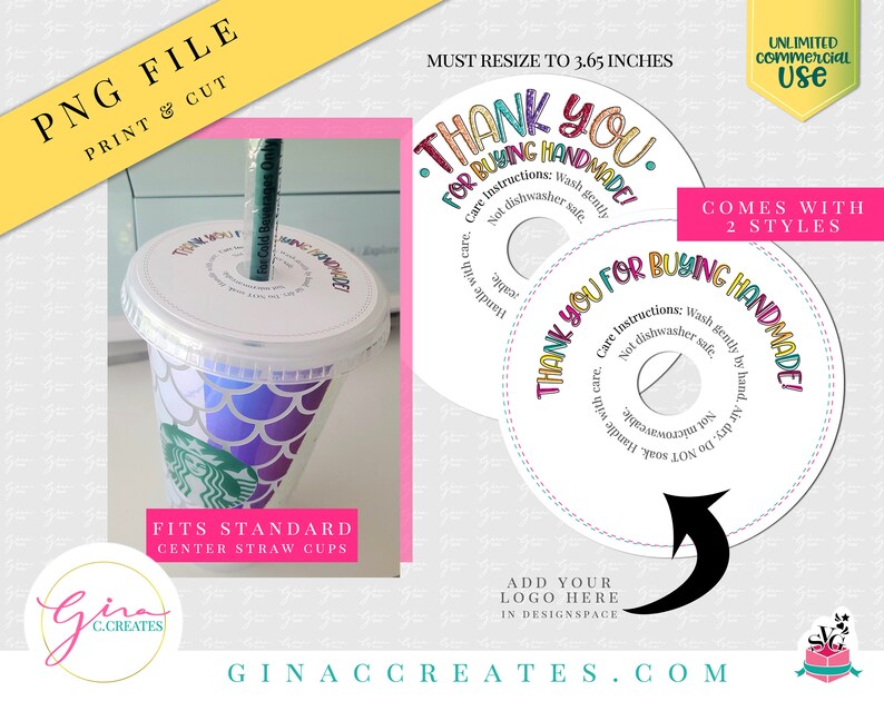 May include: Two printable sticker designs for cold beverage cups. The stickers are white with a colorful "Thank You for Buying Handmade!" message and care instructions. The stickers are 3.65 inches in diameter and fit standard center straw cups.