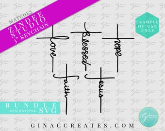 Op de afbeelding: Een digitaal ontwerppakket met vier kruisen met de woorden "Geloof", "Hoop", "Liefde" en "Gezegend" erop geschreven. De kruisen zijn 7,6 cm groot en geschikt voor sleutelhangers. Het ontwerp is in zwart en wit.