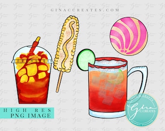 Mexicaanse Concha, Mangonada, Michelada en maïs PNG-illustraties. Mexicaanse voedselstickers