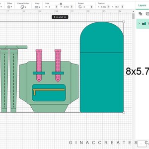 May include: A green travel backpack pattern with a zippered pocket, two straps, and a separate front pocket. The pattern is 8x5.7 inches.