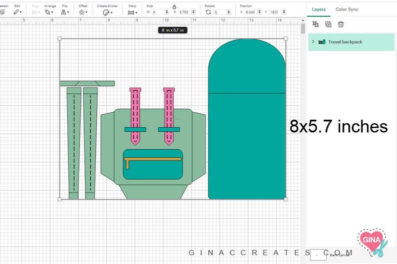 May include: A green travel backpack pattern with a zippered pocket, two straps, and a separate front pocket. The pattern is 8x5.7 inches.