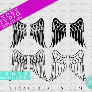 May include: A digital download bundle of 3-inch angel wing keychains. The bundle includes four different designs of angel wings, each with a different pattern. The designs are black and white.