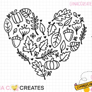 May include: Black and white line art illustration of a heart shape filled with various fall-themed elements, including leaves, acorns, and a pumpkin. The design is perfect for crafting projects, such as cutting, etching, or printing.