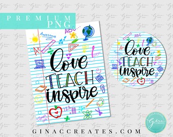 Love, Teach, Inspire School Paper Doodles JPG- en PNG-afbeeldingen. Sublimatie van schoolleraren en waterglijbaanafbeelding,