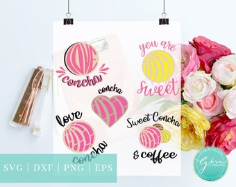 May include: A set of five digital cut files featuring a pink and white concha bread design with the text "love concha", "concha", "you are sweet", "sweet concha & coffee".