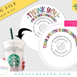 Cup Care Instruction Label, Colorful Care Card, Thank you for buying handmade cup label | PNG Image