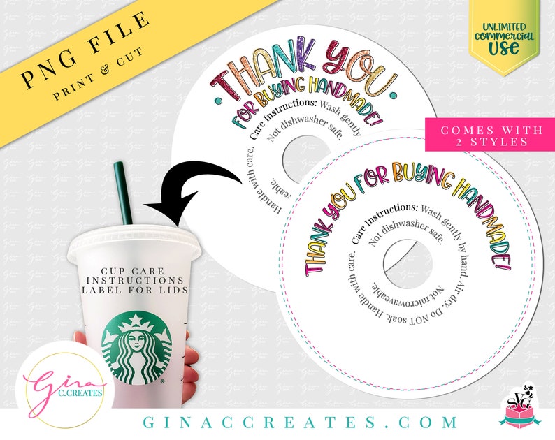 May include: Two round, white stickers with colorful text that says "Thank you for buying handmade!" and "Thank you for buying handmade!" with care instructions. The stickers are designed to be placed on a cup lid.