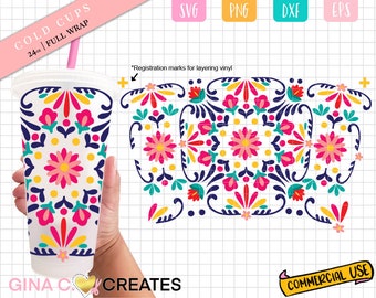 Full Floral Mexican Pattern Cold Cup Wrap SVG