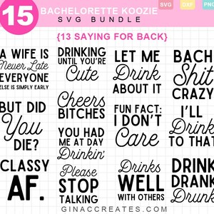 Pu&ograve; includere: Un pacchetto SVG digitale per koozies di addio al nubilato, con 15 design con frasi come "A Wife Is Never Late" e "Cheers Bitches". Il testo &egrave; in grassetto, in nero su sfondo bianco, con un cuore rosa e una grafica di forbici.