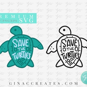 May include: Two turtle illustrations, one in teal and one in black, with the text "Save the Turtles" inside the shell.