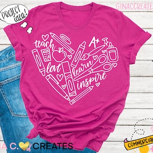Professeur mignon chemise SVG, coeur SVG, fournitures scolaires SVG, enseigner amour apprendre inspirer fichiers svg png