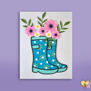 Spring Rainboots Layered SVG, Paper Flower SVG, Rainboots Shadow Box SVG