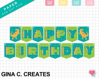 May include: A green and yellow dinosaur birthday banner with the words "Happy Birthday" in a bold, blocky font. The banner is made up of 10 individual flags, each featuring a dinosaur and a letter.