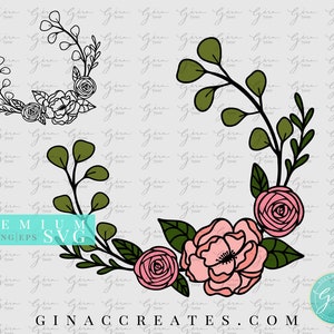 Monogram floral wreath SVG File, flower leaves svg