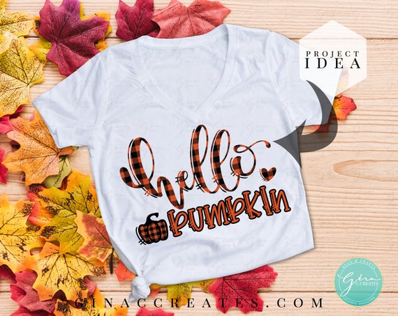 Hello Pumpkin SVG & PNG, Orange Buffalo Plaid png, fall shirt svg