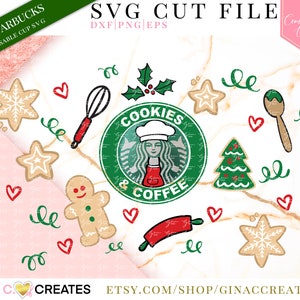 Puede incluir: Un archivo de corte SVG digital con elementos navideños. Incluye hombres de jengibre, galletas de estrella y copo de nieve, un batidor, un rodillo y un logotipo inspirado en Starbucks que dice "Cookies & Coffee". El diseño es para tazas reutilizables de 24 oz.