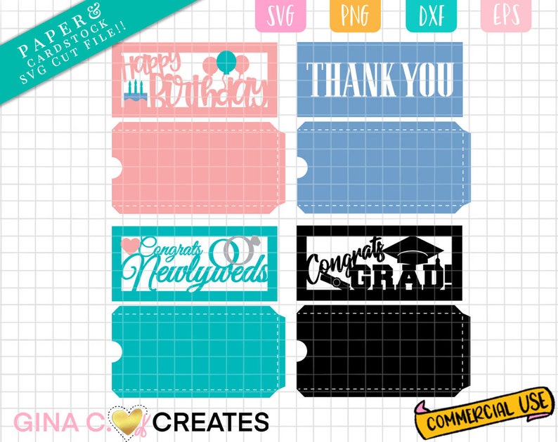 May include: A set of printable SVG cut files for gift card holders. The designs include "Happy Birthday", "Thank You", "Congrats Newlyweds", and "Congrats Grad!" The designs are in various colors, including pink, blue, teal, and black.
