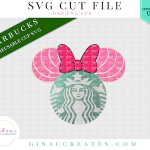 May include: A pink and green Starbucks reusable cup with a Mickey Mouse ear design. The ears are shaped like a Mexican pastry called a concha. The cup has a green Starbucks logo with a mermaid on it.