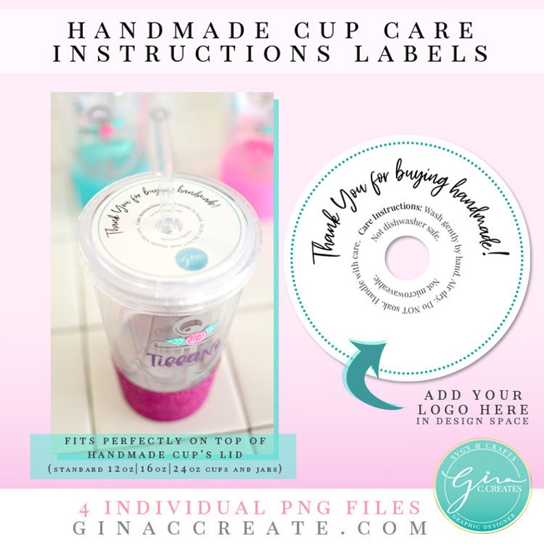 May include: Four individual PNG files for a handmade cup care label. The label is white with black text and a blue circle. The text reads "Thank You for buying handmade!" and "Care Instructions: Wash gently by hand. Not dishwasher safe. Do not soak. Handle with care. Not microwaveable. Air dry."