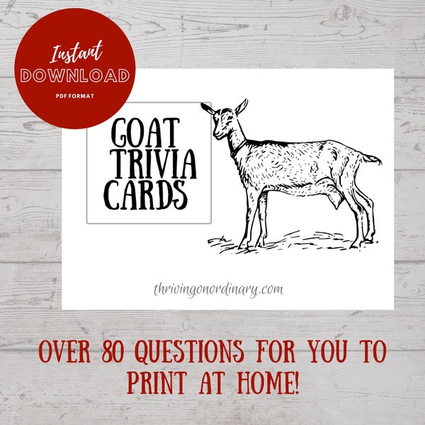Goat Trivia Flash Cards, Goat Facts Study Cards, Goat Bowl Question Cards, PDF File