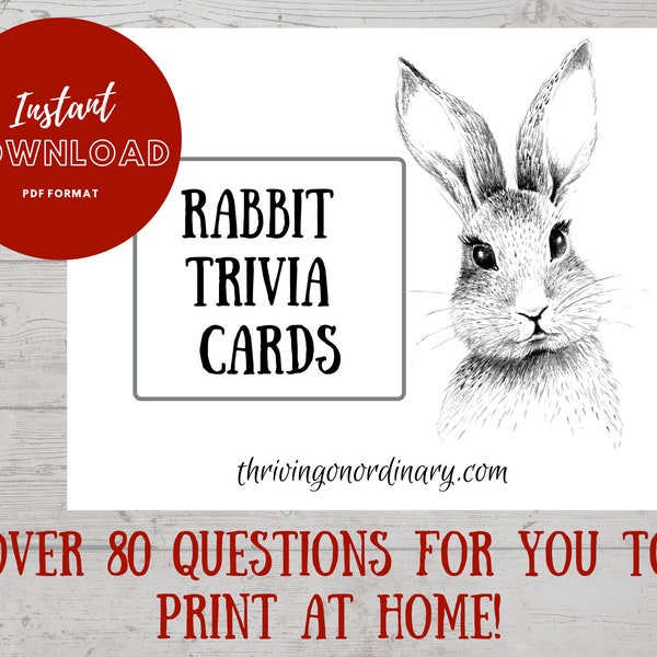 Rabbit Trivia Flash Cards, Rabbit Fact Study Cards, PDF File