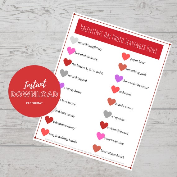 Valentines Day Scavenger Hunt, Treasure Hunt, Children's Activity, Print at Home PDF File