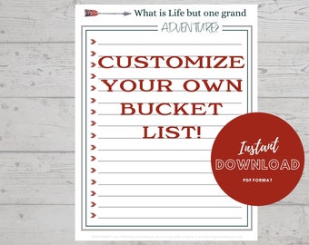 Bucket List, Blank Bucket List, Life Goals List, Make Your Own Bucket List of Adventures.