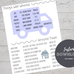 Scavenger Hunt, 2-in-1 Treasure Hunt "Things With Wheels" and "Around Town", Activity for Kids, Screen Free Activity,  Printable Download