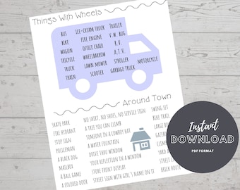 Scavenger Hunt, 2-in-1 Treasure Hunt "Things With Wheels" and "Around Town", Activity for Kids, Screen Free Activity,  Printable Download