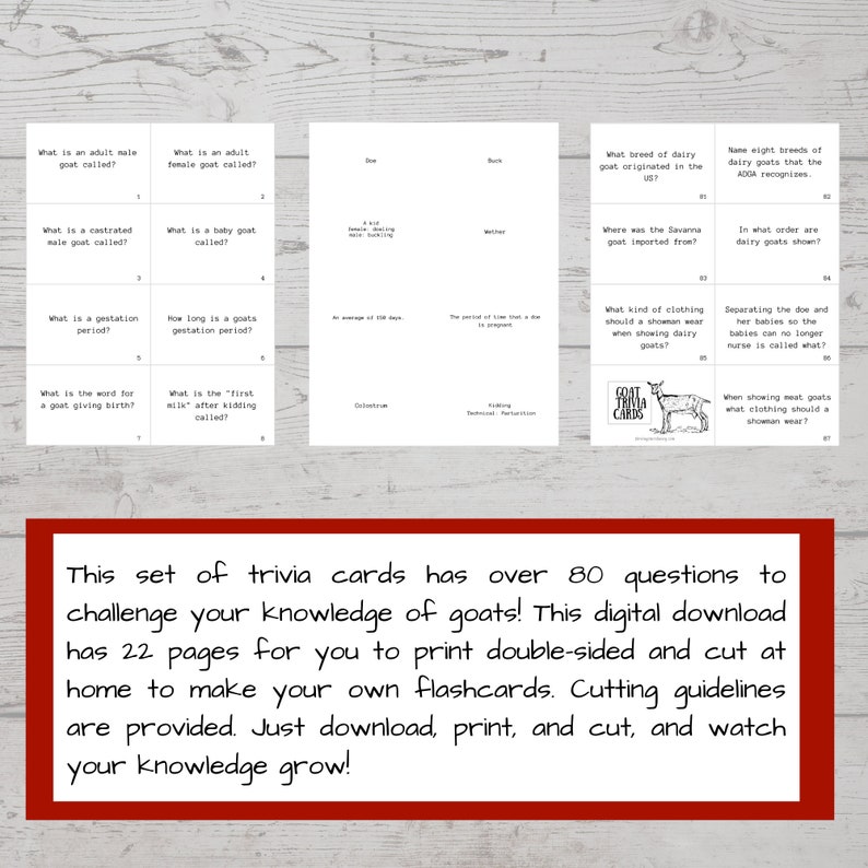 Goat Trivia Flash Cards, Goat Facts Study Cards, Goat Bowl Question