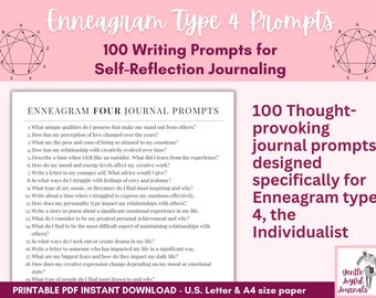 Enneagram Type 4 Journal Prompts Printable List of 100 Prompts designed specifically for Type Four Enneagram Personalities Instant download