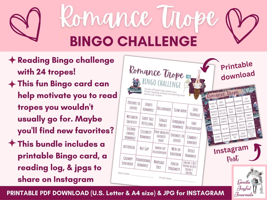 Romance Trope Bingo Challenge & Reading Log for Book Lovers Printable