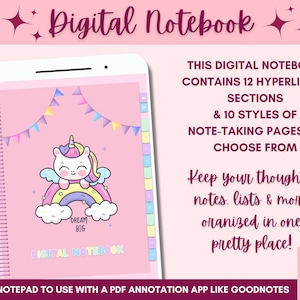 Kawaii Unicorn Digital Notebook 12 Custom sections Hyperlinked Notepad Organize your life for iPad and tablet Use with Goodnotes etc