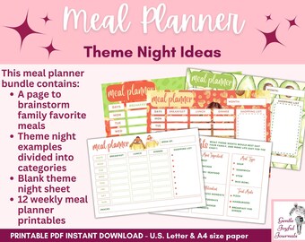 Meal Planner Printable to make Meal Planning Easier for Busy Moms List of Theme Nights included A4 and Letter size Instant Download