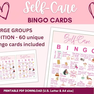 Bingo de autocuidado para imprimir 60 tarjetas de bingo únicas EDICIÓN PARA GRUPOS GRANDES Tamaño A4 y carta Descarga instantánea