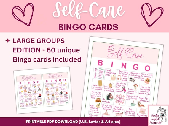 Self-Care Bingo Printable 60 Unique Bingo Cards LARGE GROUPS EDITION A4 and Letter size Instant Download
