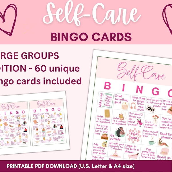 Self-Care Bingo Printable 60 Unique Bingo Cards LARGE GROUPS EDITION A4 and Letter size Instant Download