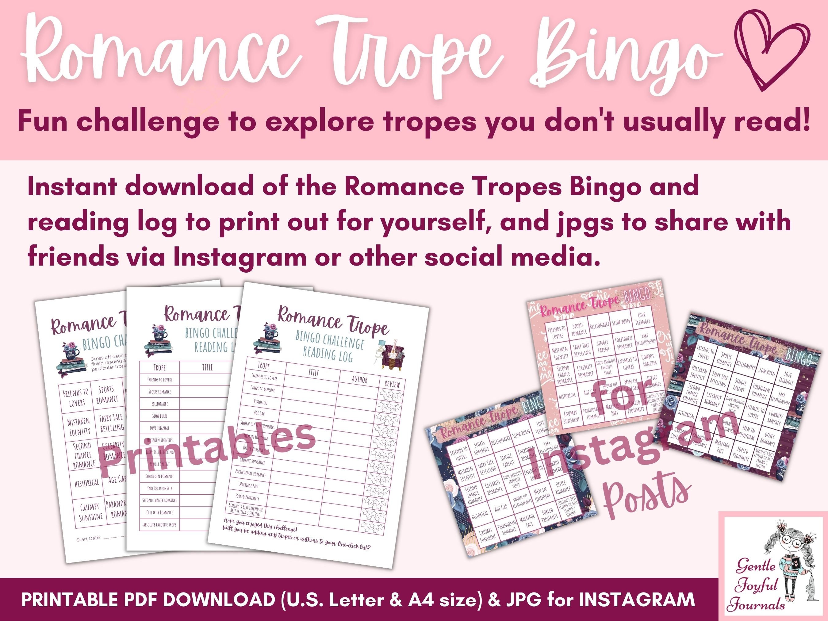Romance Trope Bingo Challenge & Reading Log for Book Lovers Printable