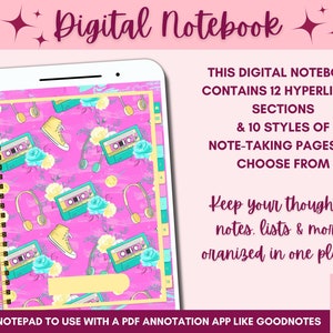 90s Retro Digital Notebook 12 Custom sections Hyperlinked Notepad Organize your life for iPad and tablet Use with Goodnotes etc