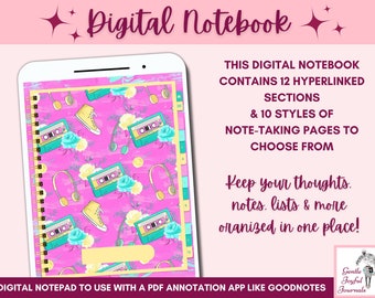 90s Retro Digital Notebook 12 Custom sections Hyperlinked Notepad Organize your life for iPad and tablet Use with Goodnotes etc