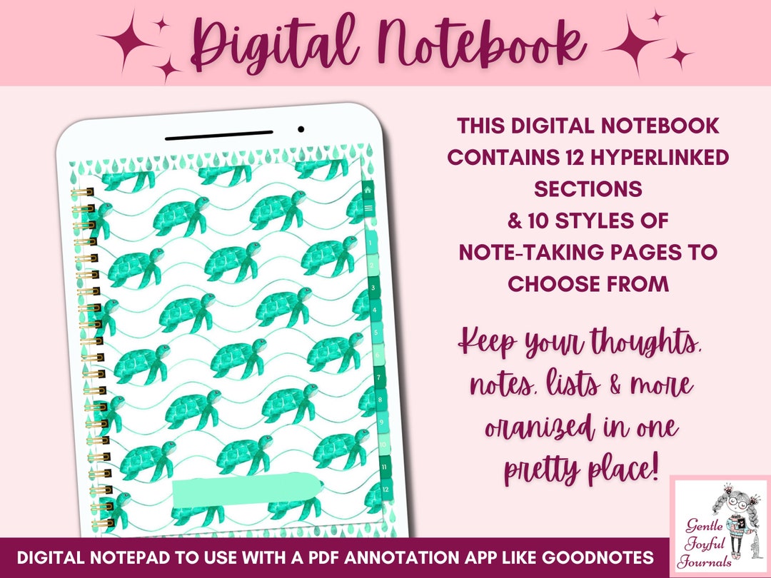 Sea Turtles Digital Notebook 12 Custom Sections Hyperlinked Notepad ...