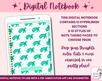 Sea Turtles Digital Notebook 12 Custom sections Hyperlinked Notepad Organize your life for iPad and tablet Use with Goodnotes etc