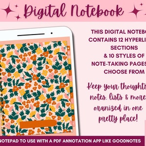 Digital Notebook Floral Evergreen 12 Custom sections Hyperlinked Notepad Organize your life for iPad and tablet Use with Goodnotes etc