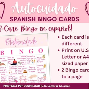 Bingo de autocuidado imprimible en español 60 tarjetas de bingo únicas EDICIÓN PARA GRUPOS GRANDES Tamaño A4 y Carta Descarga instantánea